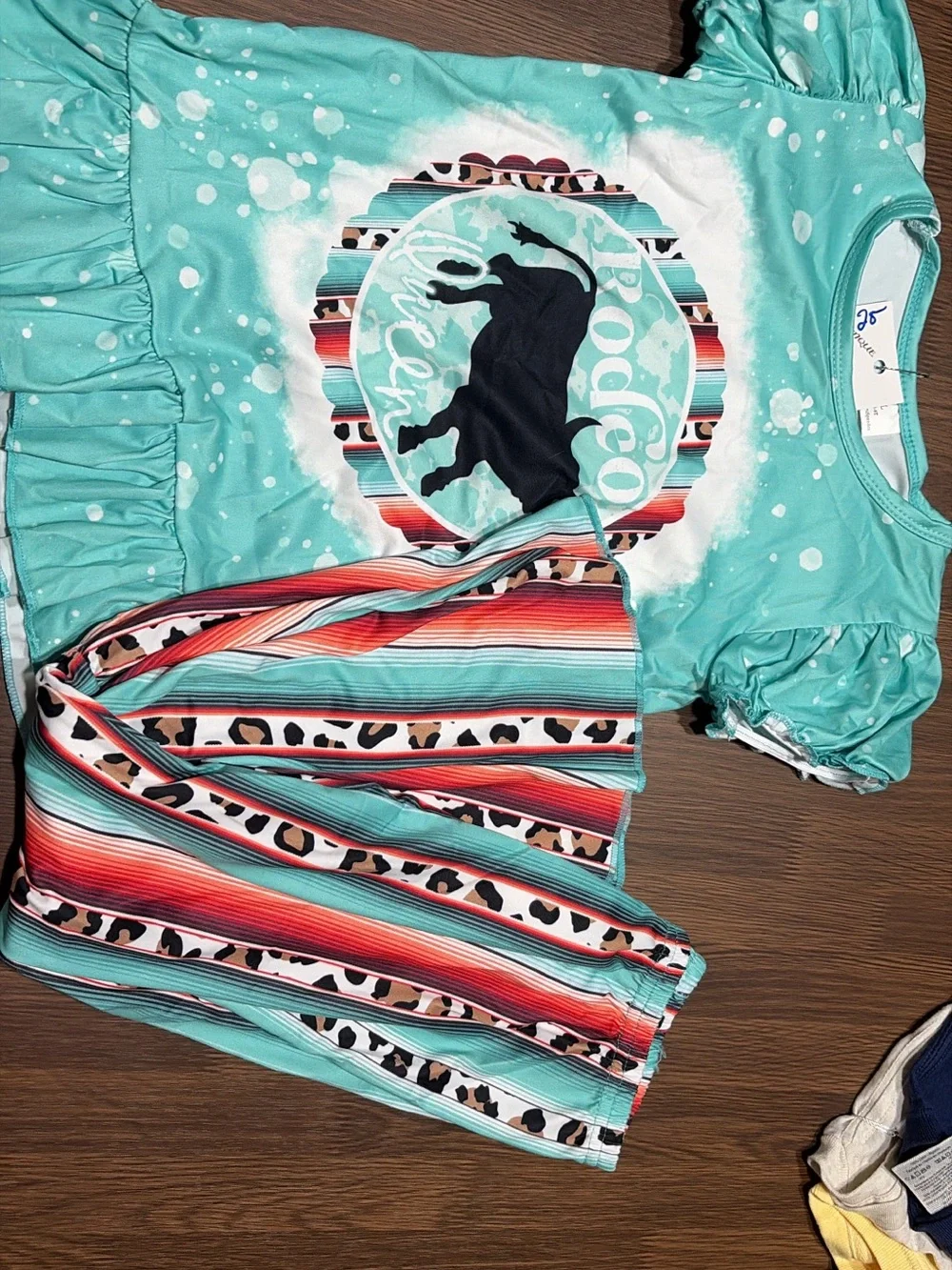 Mint Rodeo Ranch Graphic Top with Striped Leopard Bell-Bottoms
